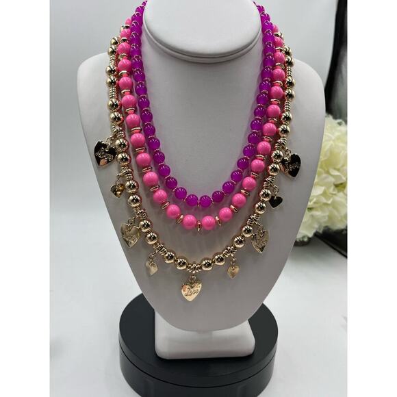 Lilly Pulitzer Triple Strand PINK Beaded GOLD HEART CHARM Love Necklace New - Picture 2 of 13